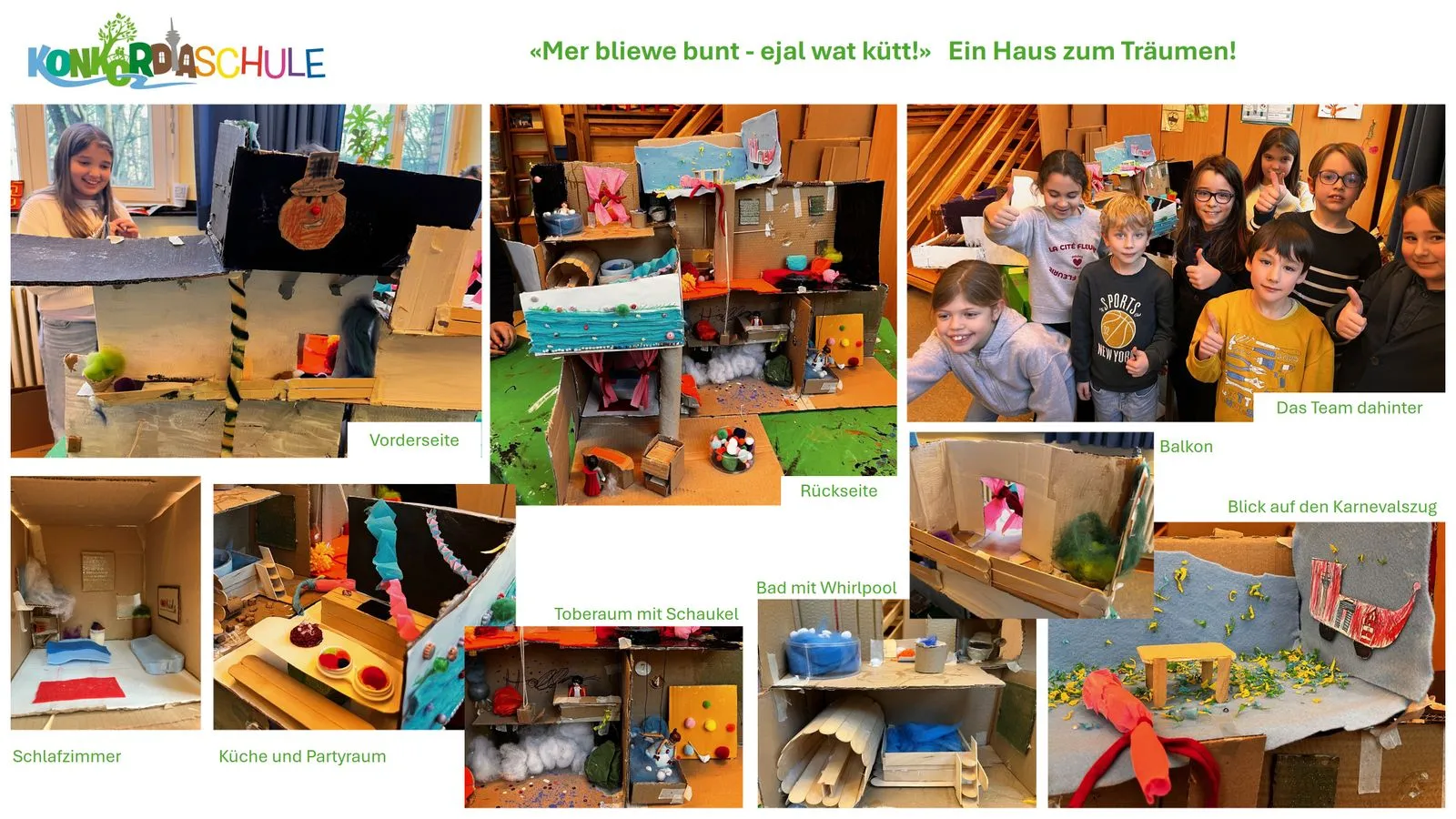 Kindergruppe neben farbenfrohem Papp-Minihaus mit mehreren eingerichteten Zimmern, Balkon, Deko und Bastelmaterialien
