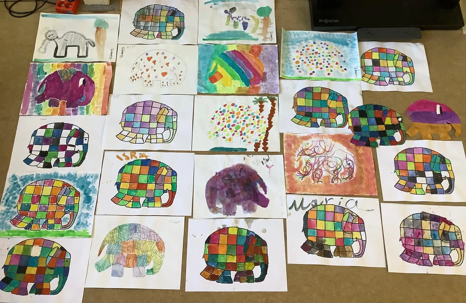 Mehrere handgemalte, bunt kariert und aquarellierte Elefantenmotive auf Papier nebeneinander auf dem Boden