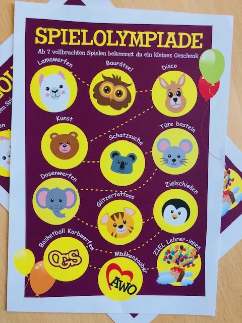 SPIELOLYMPIADE-Poster auf lila Hintergrund mit bunten Tier-Icons in Kreisen, Aktivitäten-Beschriftungen und Luftballons.
