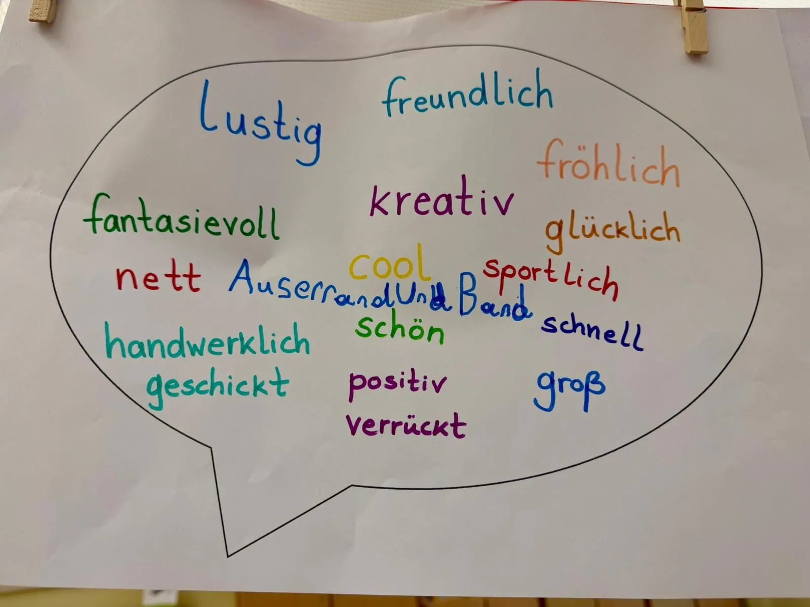Weiße Sprechblase auf Papier mit bunten handgeschriebenen deutschen Adjektiven wie „lustig“, „kreativ“ und „cool“.