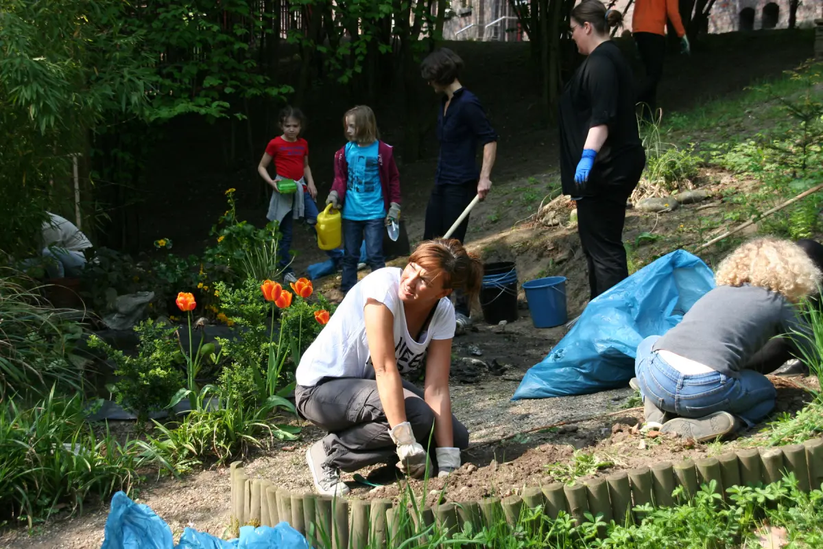 Mehrere Personen arbeiten in einem Garten; Frau kniet am Beetrand, Tulpen und Gartengeräte sichtbar.