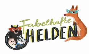 Schriftzug "Fabelhafte Helden" mit Fuchs, Bär, Dachs und Igel in bunten Superhelden-Masken